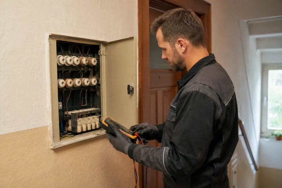 Elektriker prüft veralteten Sicherungskasten im Altbau – energietec connect GmbH Geretsried